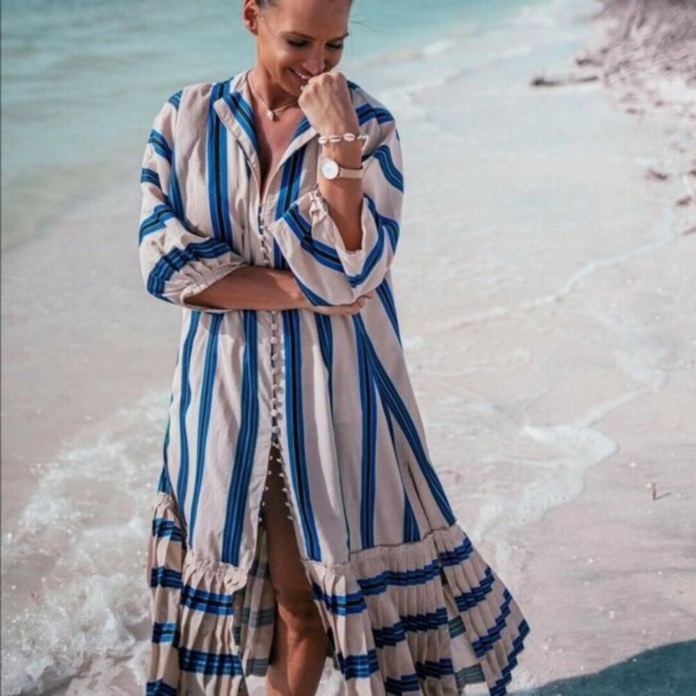 NWT H&M CONSCIOUS EXCLUSIVE STRIPED KAFTAN PLEATED TENCEL BUTTON COCKTAIL DRESS